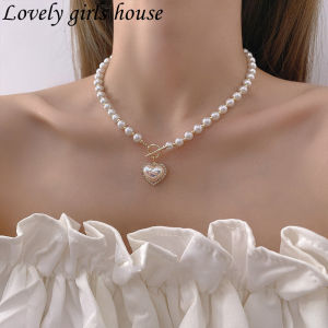 Lovely girls house Korean Style Elegant Pearl Beads Necklace for Women Fashion Rhinestone Heart Pendent Necklace Choker Jewelry
