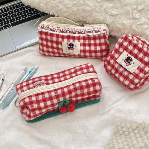 DSIUY Plush Plaid Pencil Case Sweet Cute Cosmetics Zipper Bag Korean Style Large Capacity Travel Toiletry Pockets Office/School Supplies