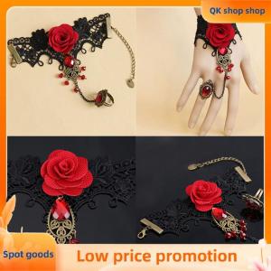 ✨QK shop✨ Hot New Elegant Gothic Style Lace Red Rose Bracelet with Adjustable Finger Ring