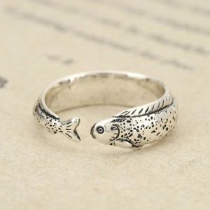 GENENIC Simple Fish Shaped Ring Alloy Distressed Retro Open Ring Niche Gold Vintage Adjustable Ring Daily
