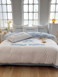 Cute Panda Towel Embroidered Washed Cotton Bedding Spring Summer Solid Color Duvet Cover Student Three-Piece Set Bed Sheet Style LZD