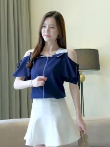 Loose Lace Blouse Shoulder Bare Sleeveless Ribbon Tied Summer Fashionable Small Shirt Ladylike Style Bell Sleeve Short Sleeve
