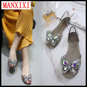 MANXIXI แบรนด์แฟชั่นวุ้นสวยส้นแบนรองเท้าแตะผีเสื้อ Inlay รองเท้าสำหรับผู้หญิง (35-40 ขนาด)