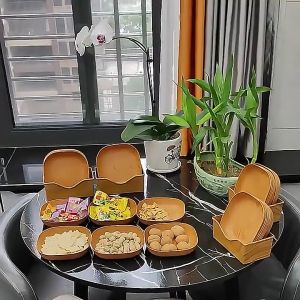 12pcs/set Kitchen Wood Grain Plastic Square Plate Dried Fruit Fruit Cake Snack Plates COD