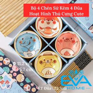 Bộ 6 Chén Sứ Hoạ Tiết Hoạt Hình Thú Cưng Cute Phong Cách Nhật Tặng Kèm 6 Đôi Đũa Tre Cao Cấp