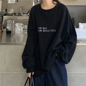 【Ready Stock】Korean Women Word Graphic Oversize Casual Loose Long Sleeve Round Neck Sweater