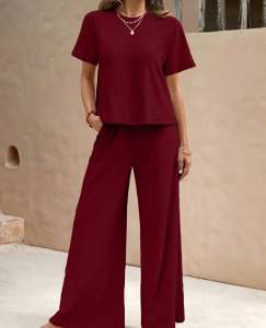 Elegant Casual Chic Two-Piece Set with Round Neck Top and Wide-Leg Pants HH