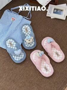XIXITIAO Heart-shaped Bear Cute Winter Casual Home New Cotton Slippers for Women Soft Sole Comfortable Toe-post Furry Flip-flops