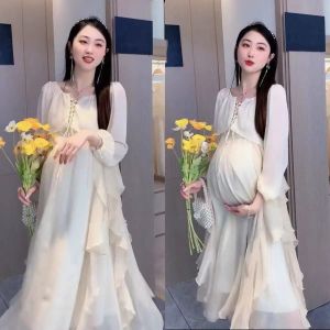 Quần Áo Bà Bầu Bộ Váy Mùa Xuân Váy Dài Mỏng Váy Hai Dây Váy Lưới Gạc