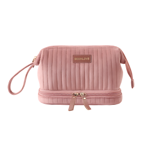 Dutch Velvet Double-Layer Travel Makeup Bag with Leather Label Spacious Cosmetic Organizer RH2505W