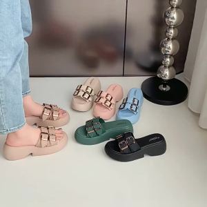 Kenichan New Korean Style WomenS Summer Thick-Soled Wedge Sandals With Four Buckles For Outdoor Wear
