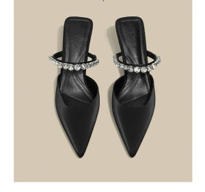 WomenS 2025 New Model Nude Pointed-Toe Low-Heeled Mules With Rhinestones Slip-On Shoes
