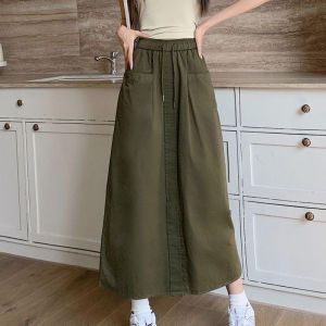 Womens Highwaist Cargo Skirt With Pockage Loose A-line Long Skirt With Slit