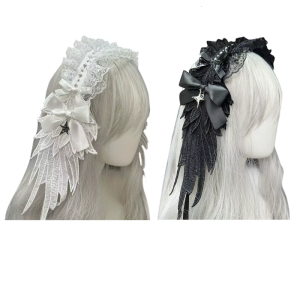 Punk Angelic Winged Hairband Cosplay Headpiece Ruffle Lace Headband For Masquerades And Halloween Party Photography Wear
