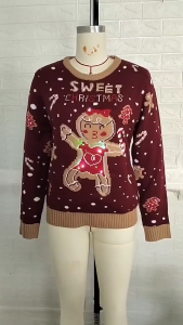 Acrylic Knit Christmas Jumper with LED Light Cartoon Gingerbreads Man Pattern Long Sleeve Pullover Sweater Top for Women