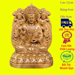 Tượng phật bà quan âm trạm khắc 2 mặt cao 12cm chất liệu gỗ bách xanh