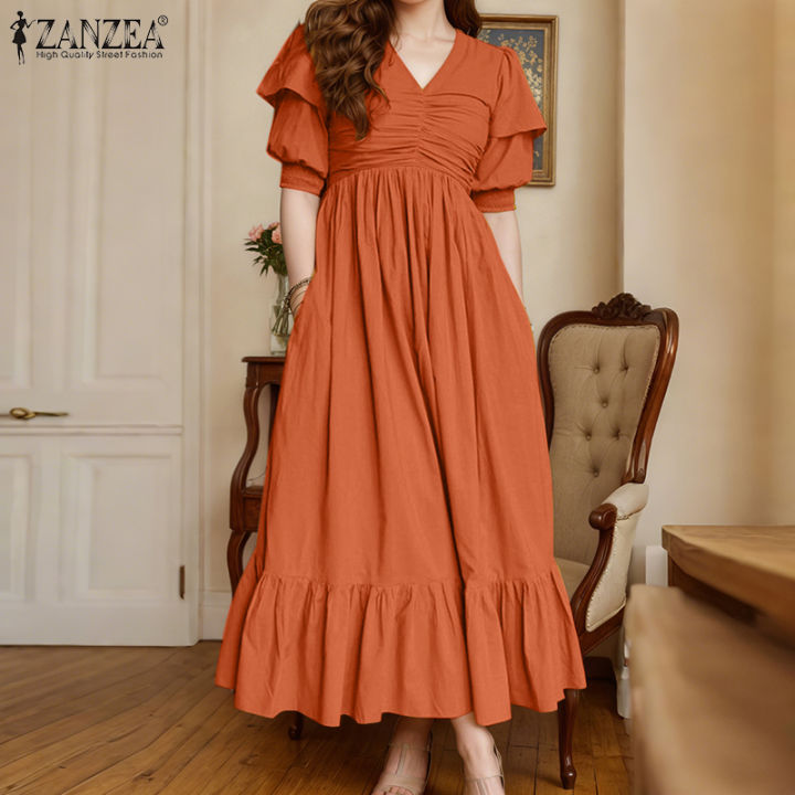 Fancystyle ZANZEA Women Fashion Pleated A-Line Dress V-Neck Ruffle
