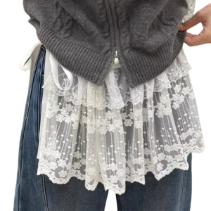 Women Ruffle Lace Shirt Extender Layering Fake Top Lower Sweep Shirt Hemline Half Length Skirt Tieback Lace Underskirts
