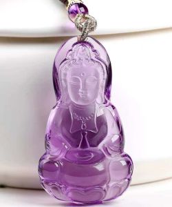 Natural amethyst Bodhisattva pendant purple in color with pure crystal. Wearing it can attract wealth drive away evil spirits and protect peace! The exquisite pendant rope has dimensions of 45x24x 12 mm