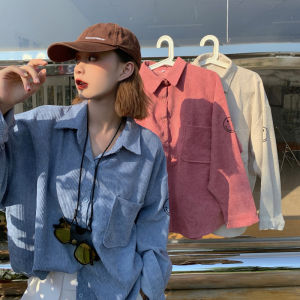 Kemeja Korduroi Retro Wanita Baru Korea Longgar Lengan Panjang Jaket Atasan Modis Pola Tersenyum Sweater retro wanita gaya Korea blus longgar yang cocok untuk semua wanita