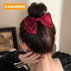 【CANAMEK】 French Bow Scrunchie Elastic Hair Tie Elegant Satin Hair Tie Luxury Textured Accessory For Daily Use Women Hair Accessories