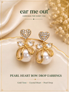 [SG] Crystal Heart Pearl Bow Drop Earrings | Gold Pearl Statement Earrings | Elegant Bow Earrings | Romantic Fashion Jewellery | ear me out (EMO-99)