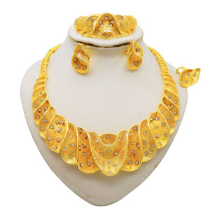 Sóng nhỏ kim cương sáng bóng Trung Đông Dubai 24K Bộ trang sức vàng cho cô dâu: vòng cổ vòng tay bông tai nhẫn - bộ bốn món
