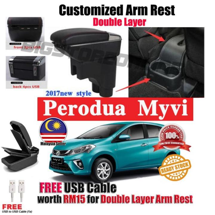 Car Armrest Arm Rest 7 USB PVC Perodua Myvi New 2018 2019 2020 arm rest Red Line With Drink