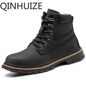 QINHUIZE New safety boots mens microfiber leather Martin boots high-top steel-toed shoes anti-smashing and anti-piercing work safety shoes
