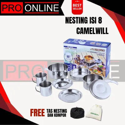 Nesting camelwill isi 8 alat masak portabel pan set stainless camping outdoor