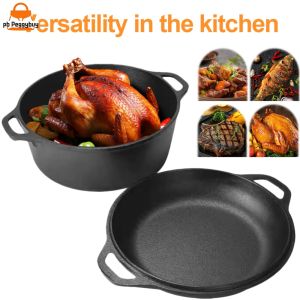 Cast Iron Dutch Oven with Lid for Baking and Frying 2 in 1 Heavy Duty Cookware for Outdoor and Kitchen Use