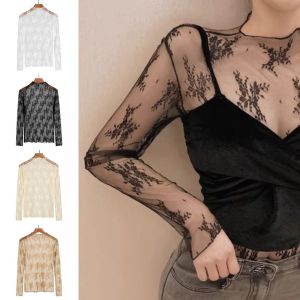 BINOCUL Hollow Transparent T-shirt Long Sleeve Mesh See Through Tops Fashion Undershirt Lace Bottomed Blouse Spring Autumn