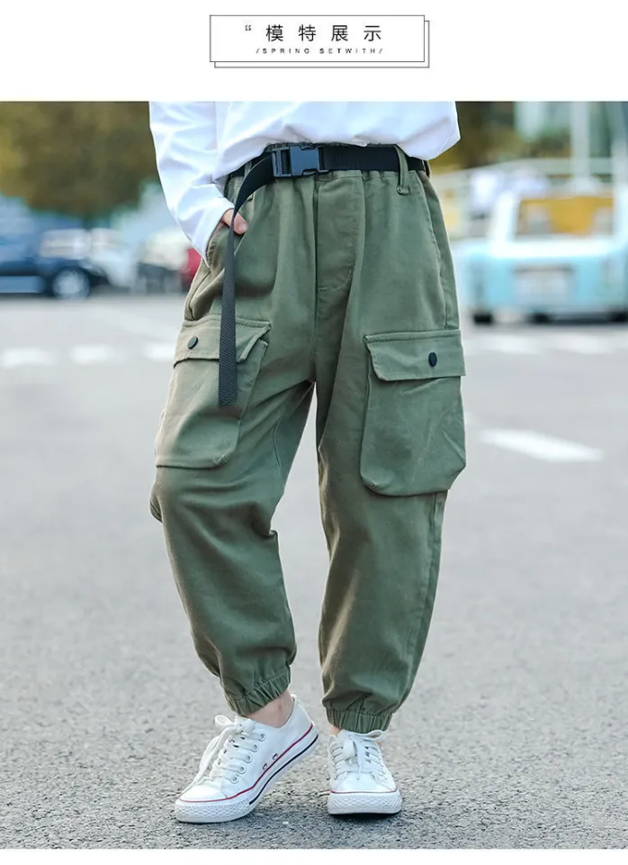 High Waist Cargo Pants For Kids Girls Pure Color Cool Trousers