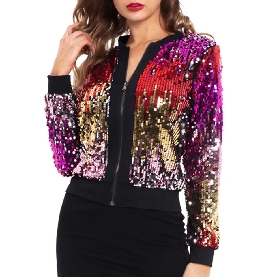 Women Sequin Jackets Sparkly Bomber Jackets V-Neck Long Sleeve
