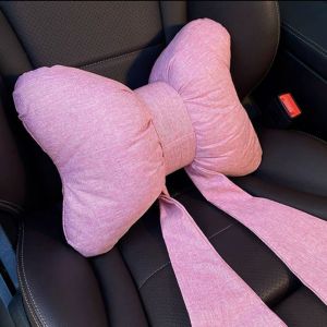 MAOMEI STUDIO Streamer Linen Bow Car Headrest Linen Ribbon Bow Ribbon Bow Car Neck Pillow Neck Rest Cushion Adjustable Car Seat