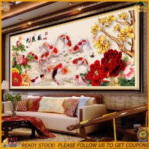 【24 hours delivery】DIY 5D Peony Nine Fish Diamond Cross Stitch Kit Embroidery Home Decor 80*35CM