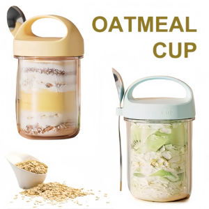 Overnight Oats Jar with Stainless Spoon Portable Mason Jars with Lid Measurement Marks Cup Breakfast Yogurt Cup Salad Cup Glass Cup