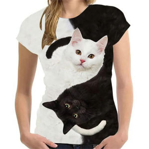 [Local Stock] VCC 3D Printed Mysterious Cat T-Shirt For Women Men Cute Animal Graphic T Shirts Summer Fashion Loose Tees Short Sleeves O-Neck Tops