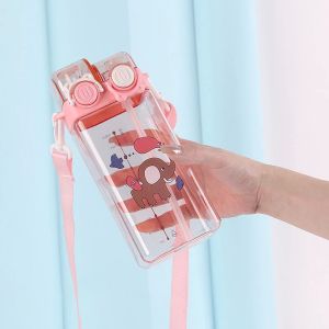 Botol Minum Anak 2in1 Kotak Unik Transparan Lucu Sedotan + Tali Panjang Dengan Pengunci