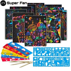 50 Sheets Scraping Painting Papers Kids DIY Craft Drawing Magic Rainbow Color Scratch Art Paper Card Set with Graffiti Stencils)