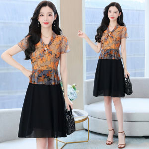 Impression Fashion Store Women Elegant Chiffon Summer V-neck Short Sleeve Floral Fake 2 Pcs Stitching High Waist A-line Midi Dress