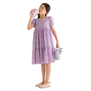 2022 Summer Autumn New Teen Girls Lace Hollow Out Dresses Patchwork Clothing Kids Girl Party Lantern Sleeve Princess Dress Purple Floral Teen Dress For Girl