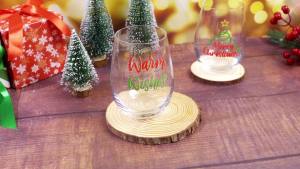 Domensi 2 Pcs Christmas Wine Stemless Glasses 15 oz Funny Christmas Drinking Glasses Xmas Lights Elf Santa Jingle Holiday Wine Glass for Women Mom Coworker Friends Family Birthday Party Gift(Classic)