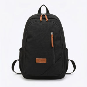 Men’s Minimalist Black Backpack with Brown Accents Durable Water Resistant Commuter Bag