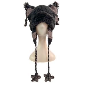 0HOWWUU Striped Knitted Trapper Hat Five-Pointed Star Pendant Cat Ear Beanie Knitted Woolen Hat Warm Ear Protection Winter Skullies Beanie For Women