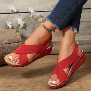 [Free Shipping] WomenS Summer Sandals Wedge Heels Breathable With Velcro Straps Thick Soles And Openwork Design Available In Large Sizes