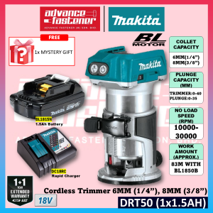 Ready Stock | Original Makita DRT50ZJX9 / DRT50Z 18V Cordless Trimmer Router 6 mm (1/4") 8 mm (3/8") | 1 Battery + Charger (1 Year Warranty | Fast Shipping 🚛 )