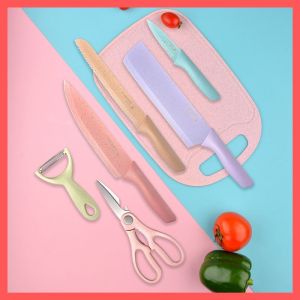 7Pcs Stainless Steel Kitchen Knife Set Chef Utility Bread Pairing Knife Multipurpose Scissor Peeler Pisau Dapur Macaroon Multicolor