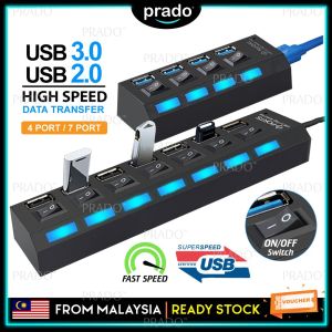 PRADO Malaysia Super Fast Speed Micro USB 3.0 / 2.0 USB Hub 4 Port / 7 Port wt LED ON/OFF Switch for PC Laptop Computer Notebook
