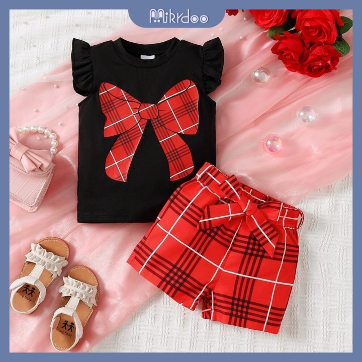 Mikrdoo Suit 2PCS for 0-2Years Toddlers Baby Girl Flutter Short Sleeve  Plaid Bow Tie Print Blouse and Shorts Casual Summer Wear Travel Photography 